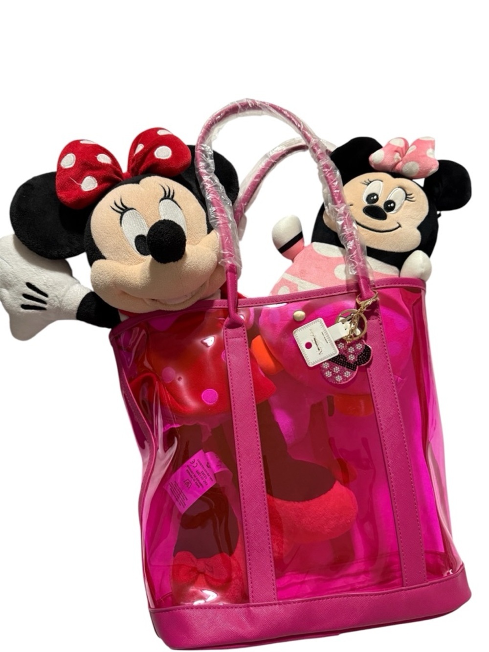 Disney Minnie Mouse Bundle. Lg Plush + Sm Plush + Pink Transparent Tote Bundle